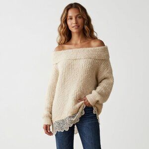 Zara Knit Sweater with Lace Trim Size Medium